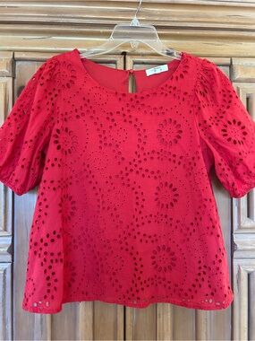 Red eyelet puff sleeve top, size M